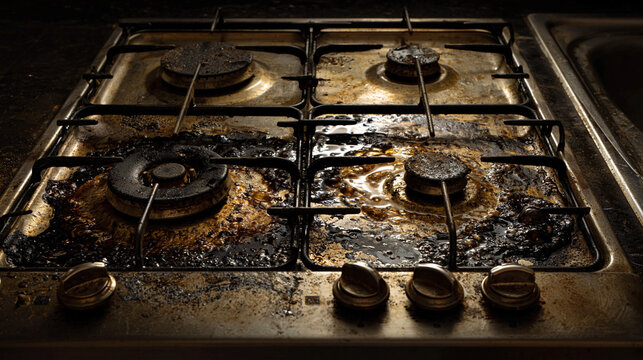 Dirty kitchen stove with burnt residue in dimly lit environment. Greasy stove in home kitchen