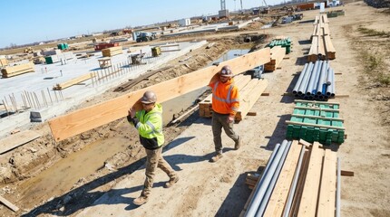 Fototapeta premium Construction workers carry heavy lumber beam on bright worksite, teamwork and material handling
