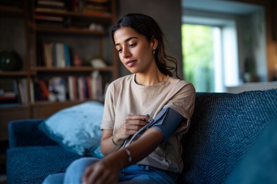 Young woman checks her blood pressure while sitting on a blue couch in a well-lit room