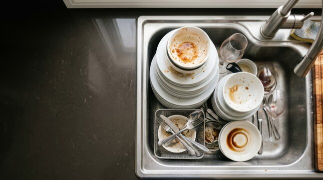 Dirty dishes piled high in a stainless steel kitchen sink after a celebration, with copy space on dark countertop