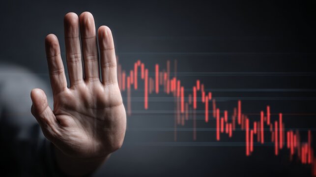 Human hand stopping a volatile crypto price graph in a neutral setting indoors