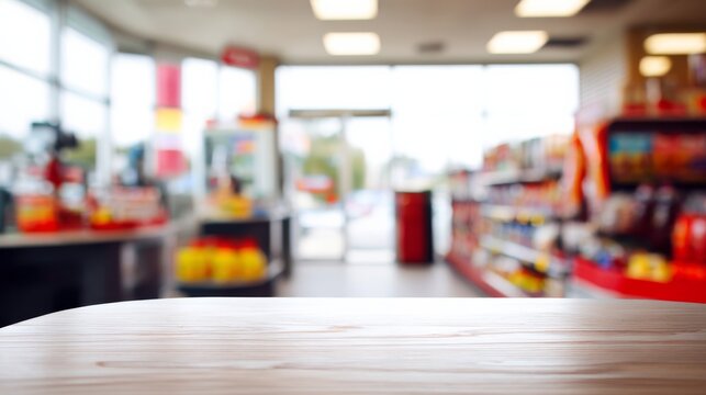 Convenience store interior with an empty table surface waiting for customers