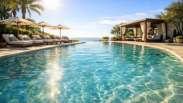 Resort-style infinity pool overlooking ocean with wooden lounge chairs under umbrellas