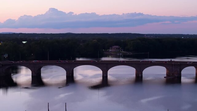 Bulkeley Bridge Over the Connecticut River at Sunset in Hartford, Connecticut Sliding Shot
