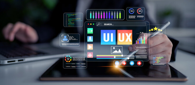 User Interface and User Experience Design Concepts Displayed on a Tablet with Modern Data Visualizations and Analytics Tools in a Professional Setting Quark.