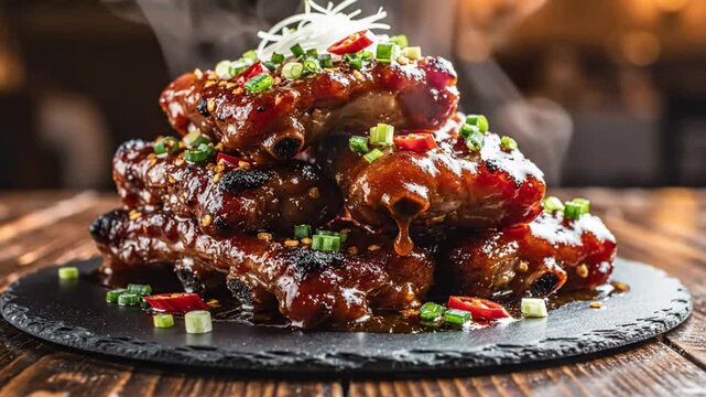 Savory glazed pork ribs stacked on a black plate with fresh chili and green onions, steaming appetizingly
