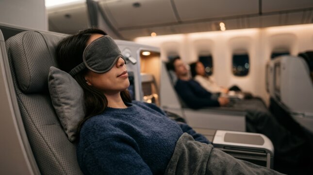 Passenger sleeps in a modern airplane cabin, resting in a reclined seat with an eye mask and blanket for comfort during travel