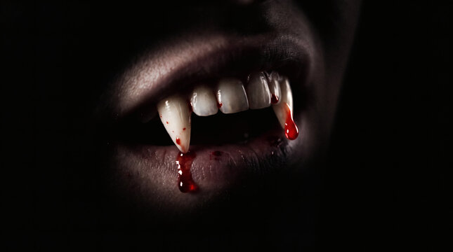 Vampire teeth with blood dripping from sharp fangs are shown in a close-up against a dark background.