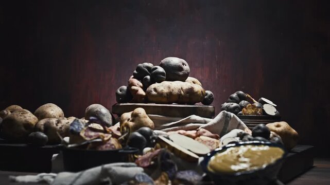 Assorted native Peruvian potatoes in a rustic setting.