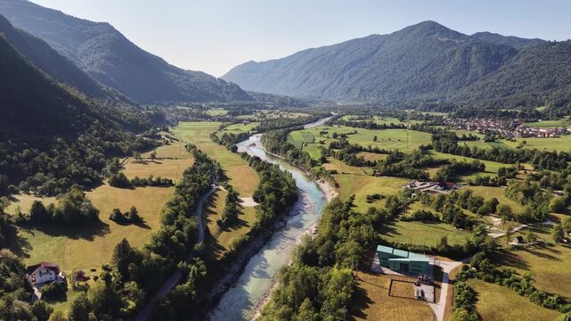 Drone shot of rural mountain landscape in Soca river valley, Slovenia
