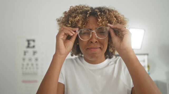 Woman adjusting clear eyeglasses with hands and smiling, squinting at wall eye chart in optician studio lit by exam lamp; clarity relief.