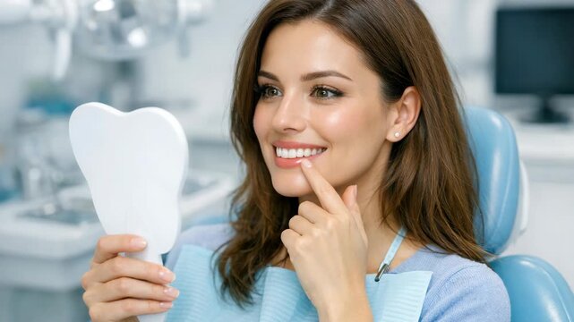 A happy female patient showing a dental mouthguard at a dentist office.
