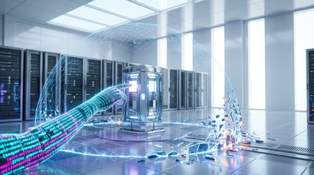 Holographic arm with digital code interacts with futuristic server node, breaking through a protective shield in a data center