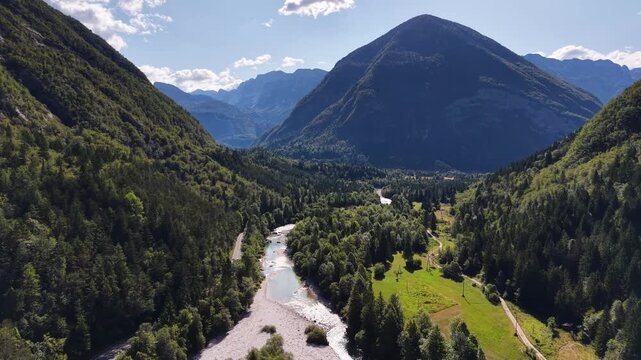 Aerial panorama of Soca river valley and Julian Alps, Slovenia