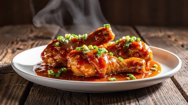 Savory glazed chicken drumsticks with a rich sauce garnished with fresh chopped green onions on a white plate