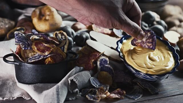 Assorted native Peruvian potatoes and purple chip with Huancaina sauce s in a rustic setting.