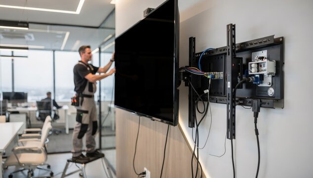 Technician mounting a large display screen in a modern conference room with blurred office background to emphasize AV setup details.