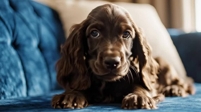 Adorable brown cocker spaniel relaxing comfortably on a blue velvet couch with big expressive eyes