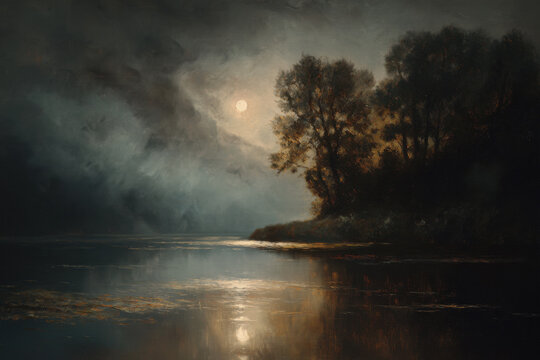 Atmospheric moonlight over still lake. Oil painting with dark clouds.
