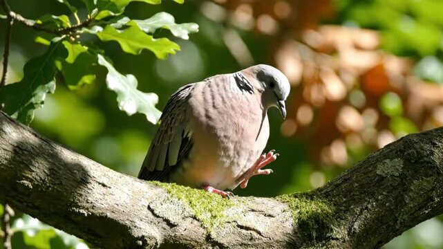 European turtle dove perched on a tree branch in natural light, a beautiful woodland scene with bird and foliage.