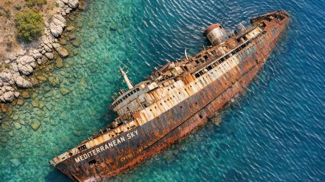 An old boat rusting on a coral reef in an ocean paradise.