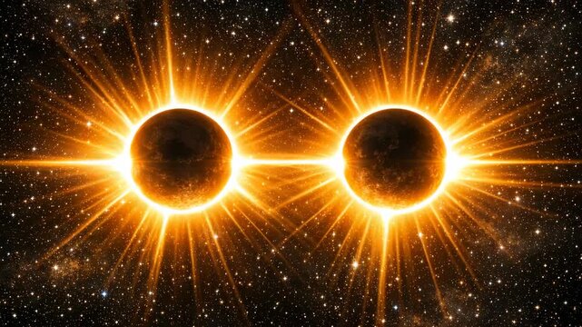 A surreal of two solar eclipses in space with cosmic rays emanating.
