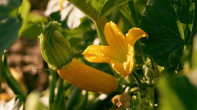 Yellow zucchini and flower growing in a vegetable garden  