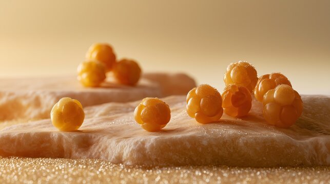 Golden cloudberries on soft surface with warm background lighting  