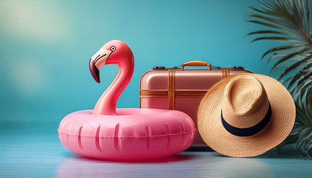 summer vacation concept with suitcase straw hat and inflatable flamingo