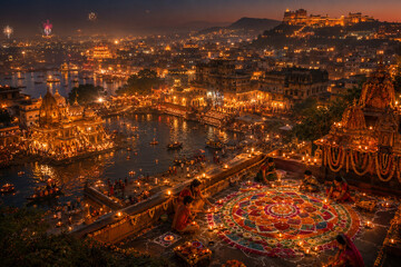 Obraz premium Spectacular Indian festival of lights overlooking illuminated temple city, river ghats, fireworks and vibrant rangoli celebrating spirituality, heritage and traditional culture at night