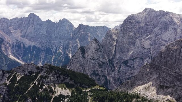 Aerial panorama of Julian Alps summits near Kranjska Gora, Slovenia
