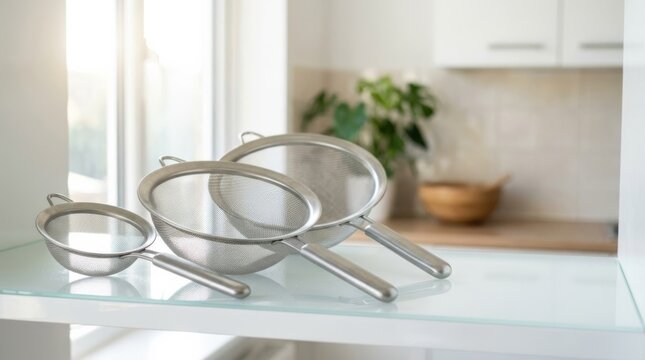 Three stainless steel sieves in varying sizes displayed on a clear shelf, showcasing modern kitchen tools and baking accessories with ample copy space.
