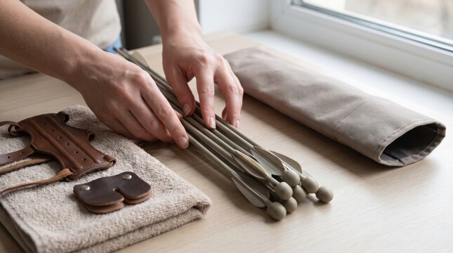 Hands organizing wooden archery arrows next to a leather arm bracer on a table