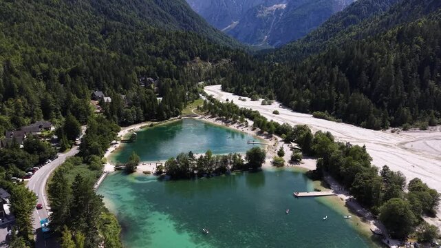 Flight over Lake Jasna near Kranjska Gora town, Slovenia
