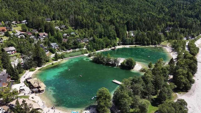 Drone shot of Lake Jasna (Jezero Jasna), Kranjska Gora, Slovenia