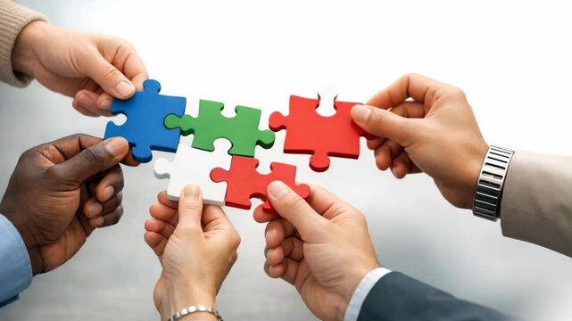 of a group of people working together on a jigsaw puzzle, symbolizing teamwork and problem-solving.