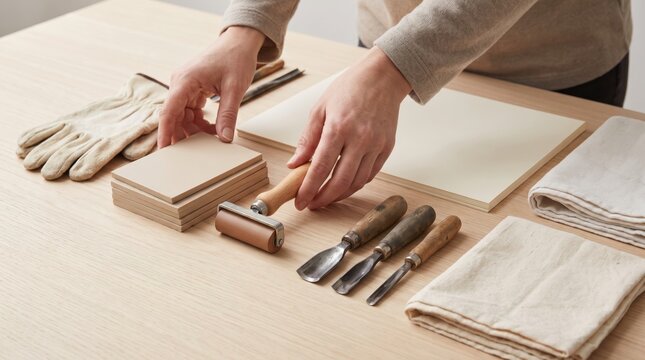 Person arranging linocut carving tools and a small ink roller on a wooden table