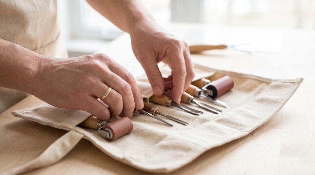 Person placing linocut carving tools and an ink roller into a canvas tool roll