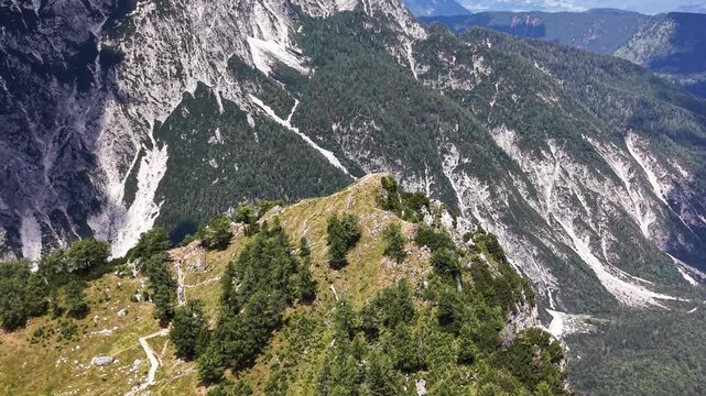 Aerial view of Slemenova Spica mountain peak in Julian Alps, Slovenia
