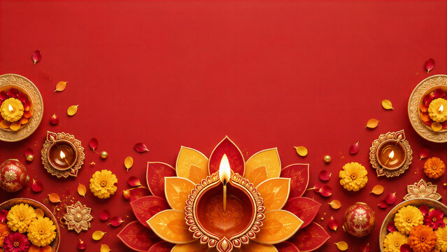 Red Diwali Background with Large Lotus Diya and Floral Border Copy Space