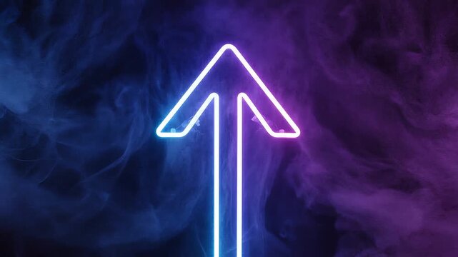 A glowing neon arrow pointing upwards, featuring a dynamic blue to purple color gradient and smoky energy effects
