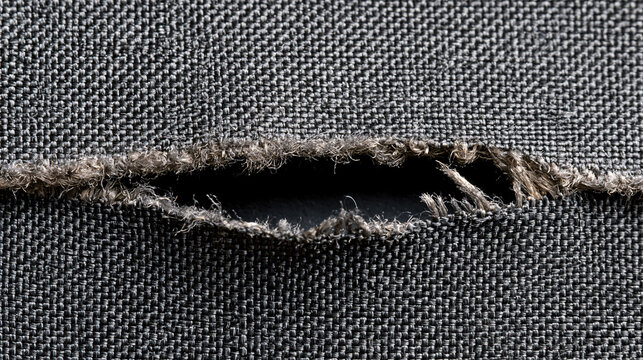 Close up of a horizontal tear with frayed threads in dark grey woven fabric