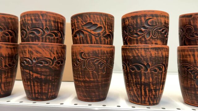 Handcrafted dark clay cups with a natural finish are arranged for sale in a home goods department, offering durable drinkware for tea, coffee and everyday use. Close up.