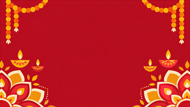Red Diwali Background with Marigold Garlands, Diyas and Copy Space