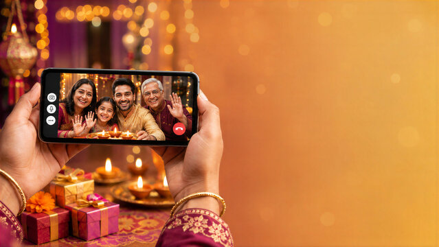 Smartphone Mockup Showing Indian Family Diwali Video Call with Copy Space