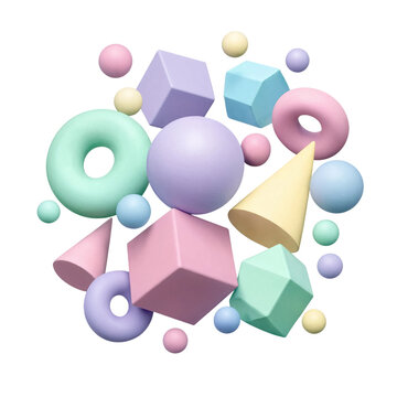 3D pastel geometric shapes composition, cubes, spheres, cones, and toruses isolated on black background