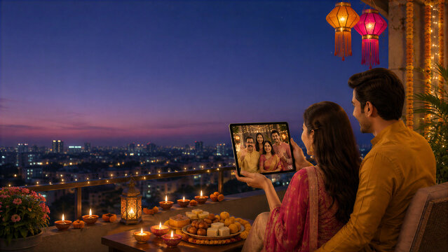 Indian Couple Making a Diwali Video Call on Tablet from Decorated Balcony