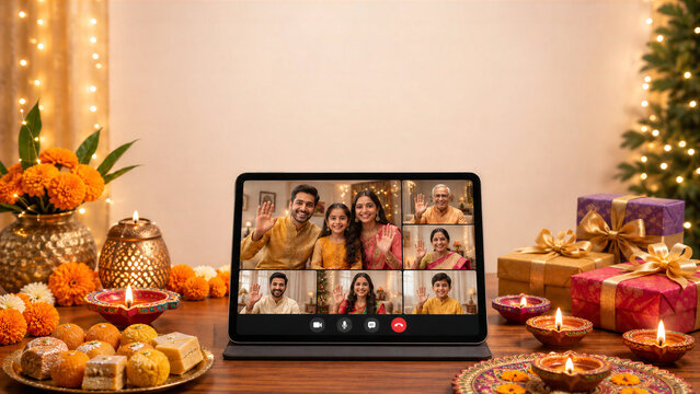 Tablet Video Conference with Indian Family, Diwali Sweets and Gifts