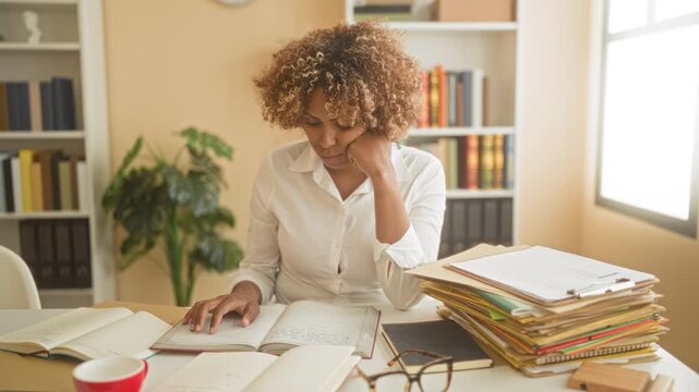 Woman with open books and stacked folders at a sunlit desk, resting chin on clasped hands while looking up in a building; pensive concentration.