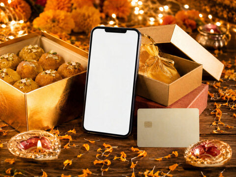 Diwali Shopping Smartphone Mockup with Gift Boxes, Sweets and Diyas